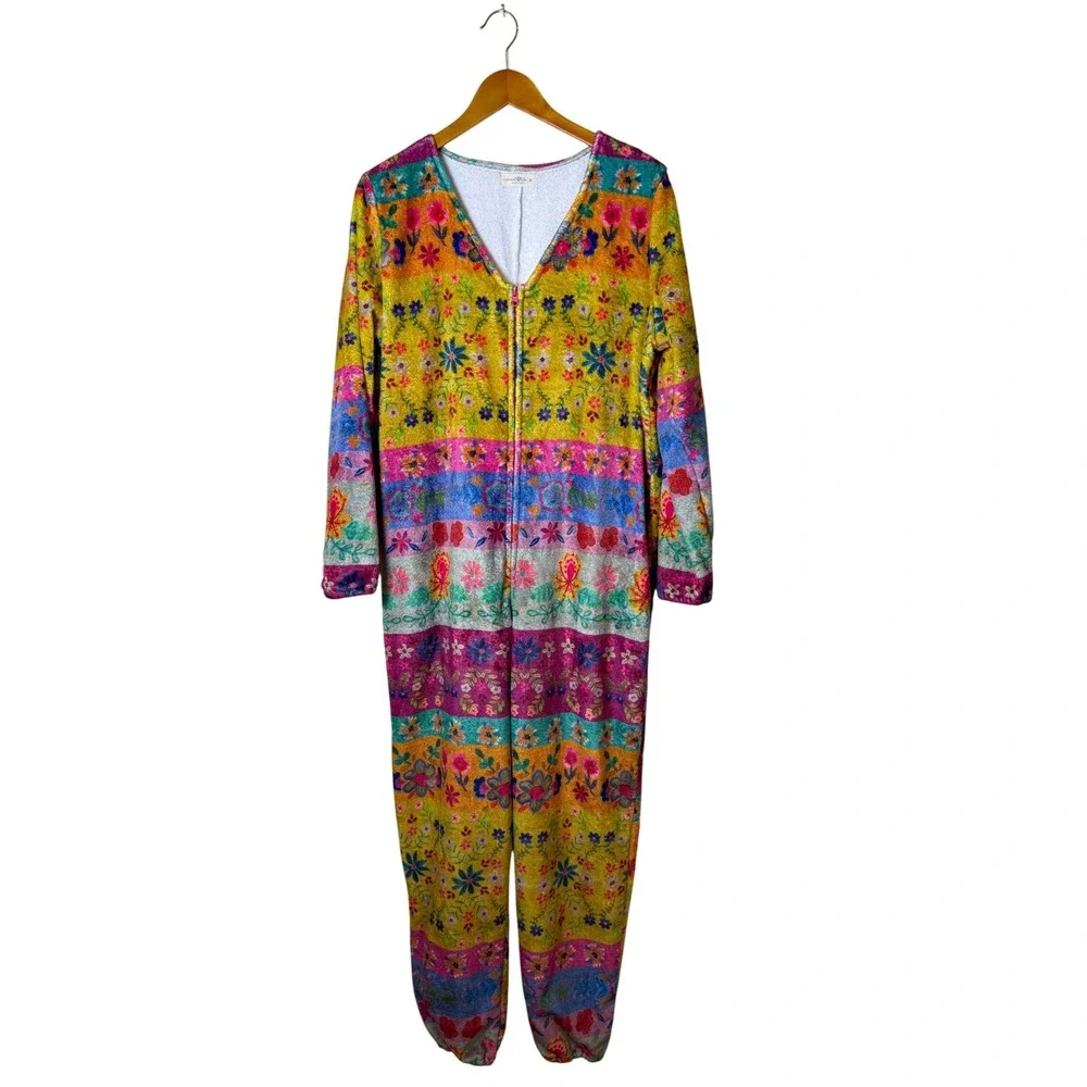 Natural Life Women Jumpsuit Lounger M Multicolor Floral Patchwork Boho Cozy Soft